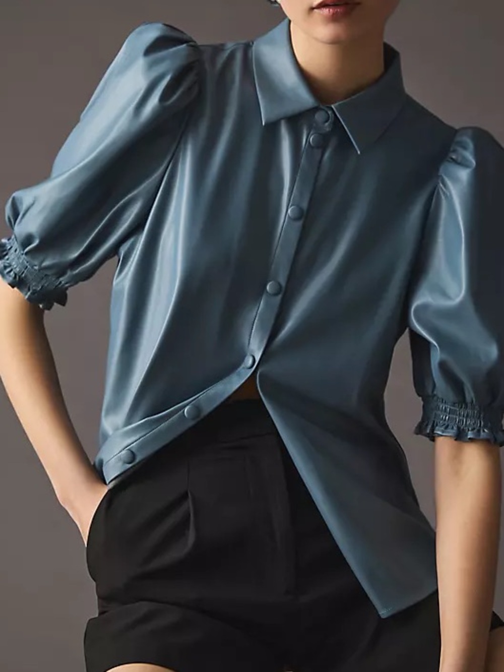 NWT Anthropologie Dolan left coast Puff Sleeve Faux Leather Blouse blue Size S